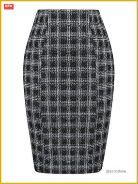 Tweed Pencil Skirt High Waist Knee Length Slim Fit